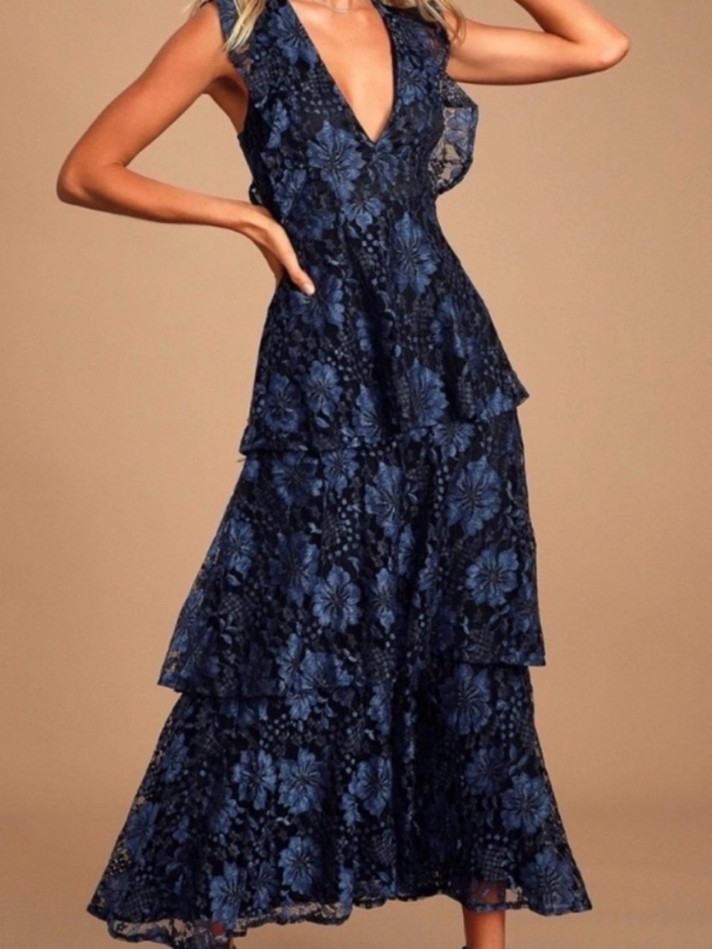 Lulu's Navy Floral Lace V-Neck Tiered Maxi Dress
